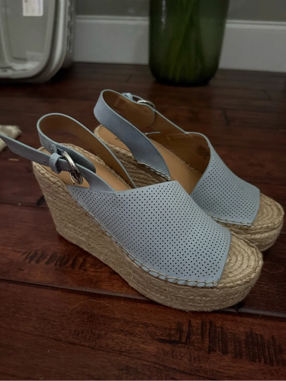 Marc Fisher Light Blue Perforated Espadrille Wedge Sandals